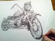 motorka, motoveterán, kresba perem